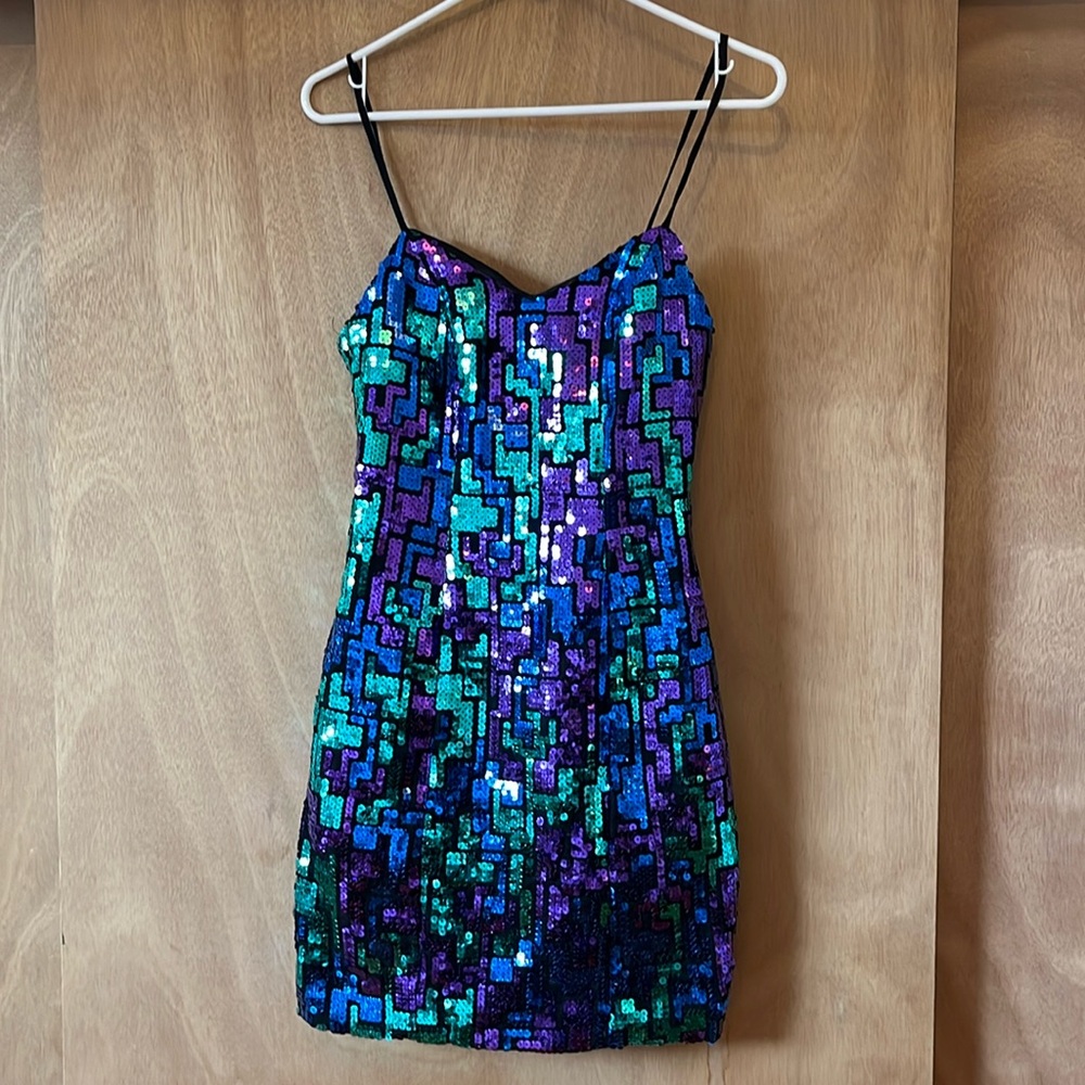 Vintage 1980s Flirtations Multi-color Geometric Sequin Dress - XXS